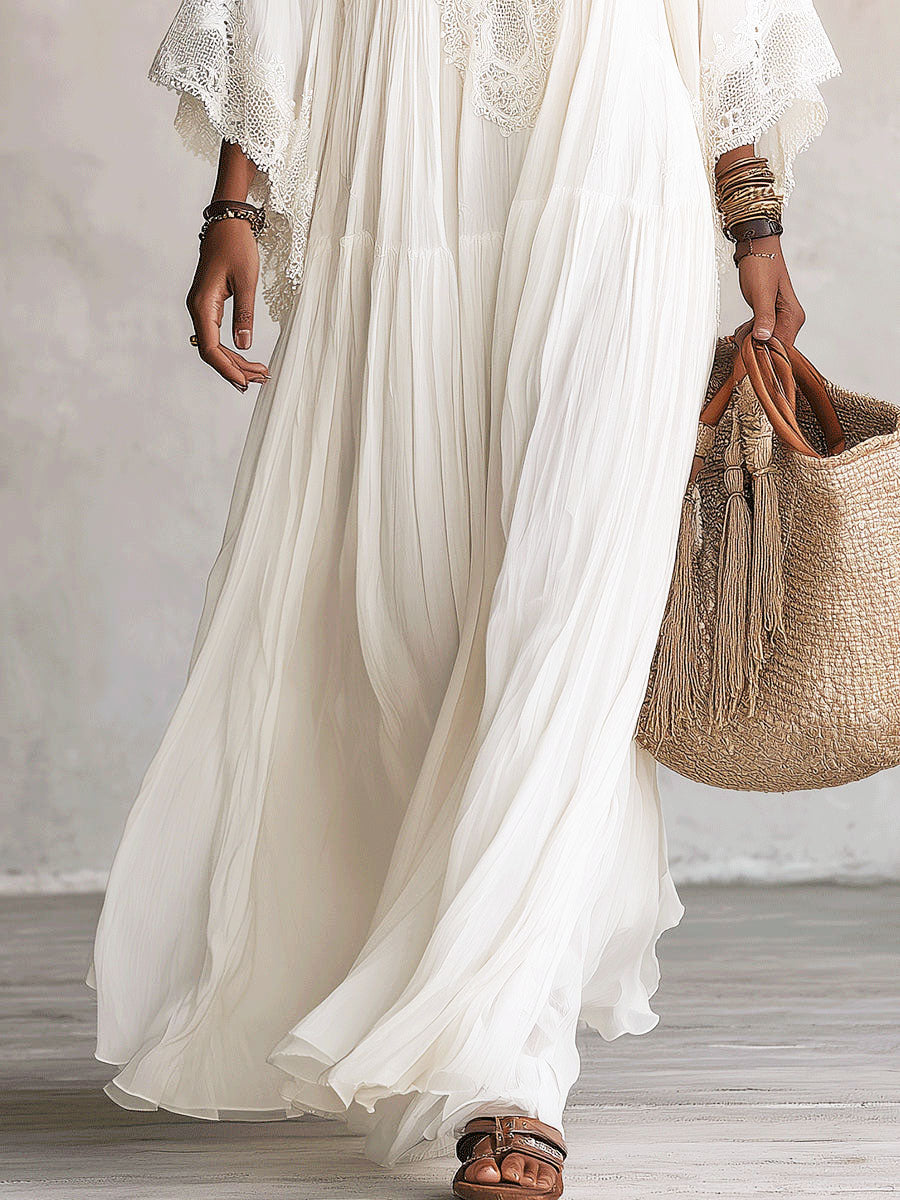 Shelia - Flowing Chiffon Lace Batwing Maxi Dress