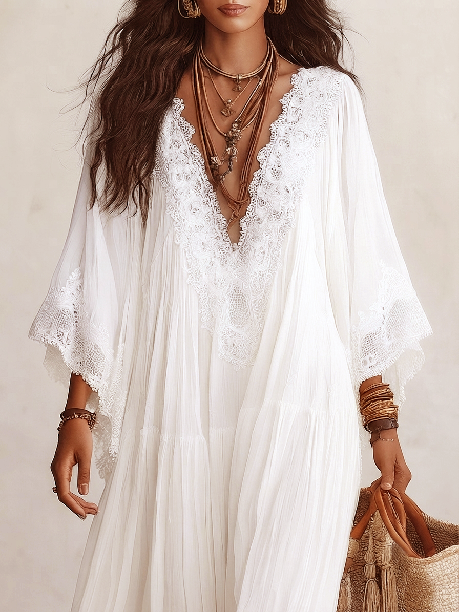 Shelia - Flowing Chiffon Lace Batwing Maxi Dress
