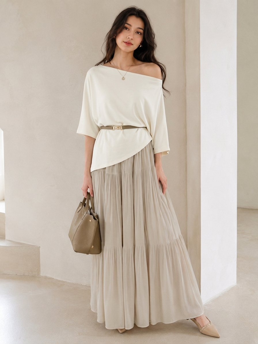 Maison - Elegant Batwing Top & Belt & Skirt Set
