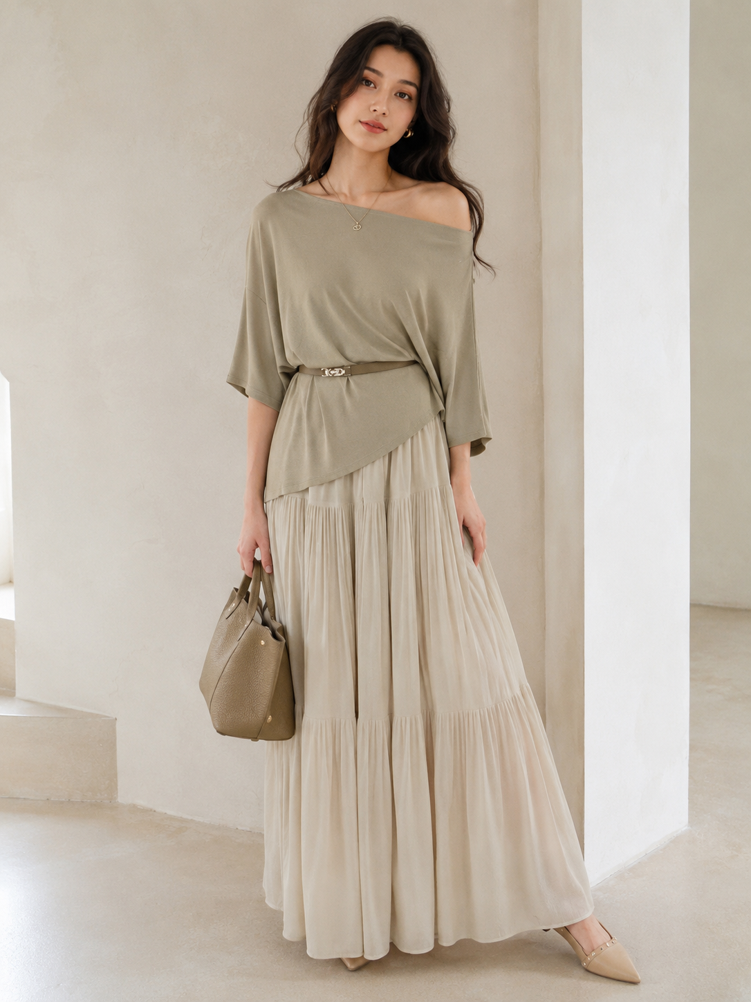 Maison - Elegant Batwing Top & Belt & Skirt Set