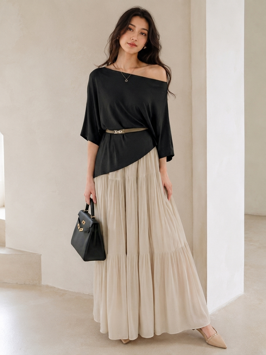 Maison - Elegant Batwing Top & Belt & Skirt Set