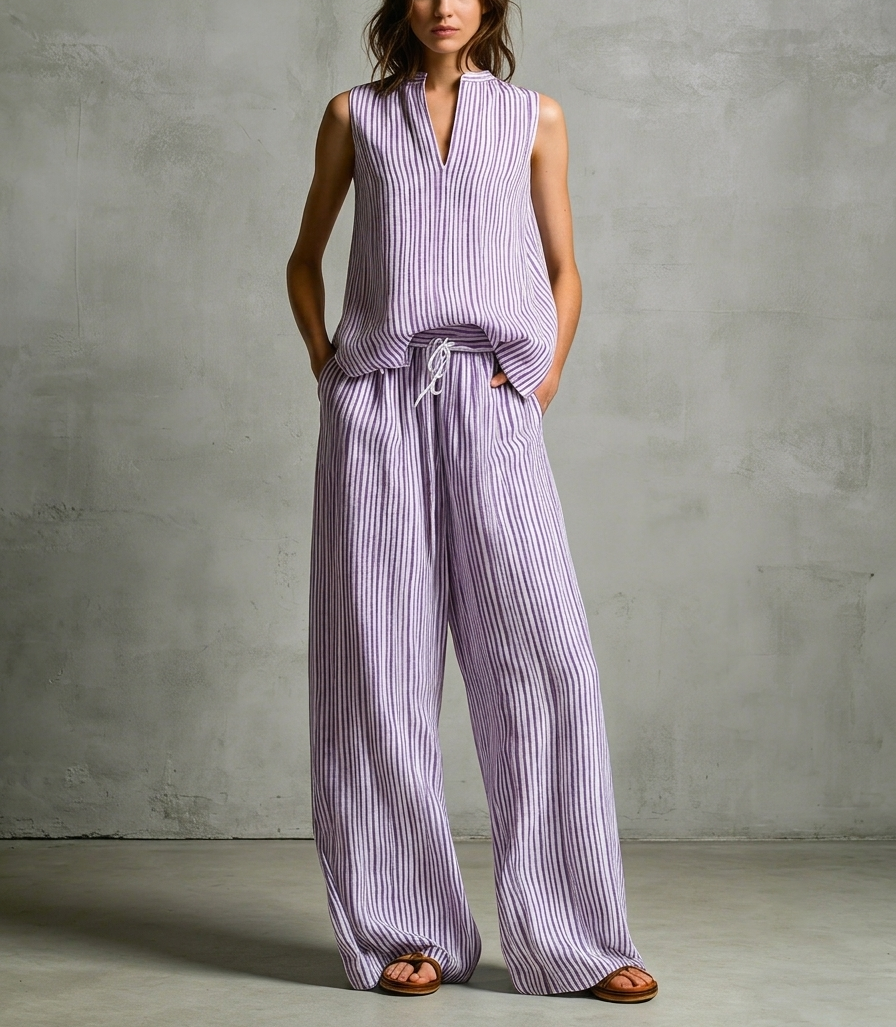 Chloe - Striped Sleeveless V-Neck Two-Piece Set