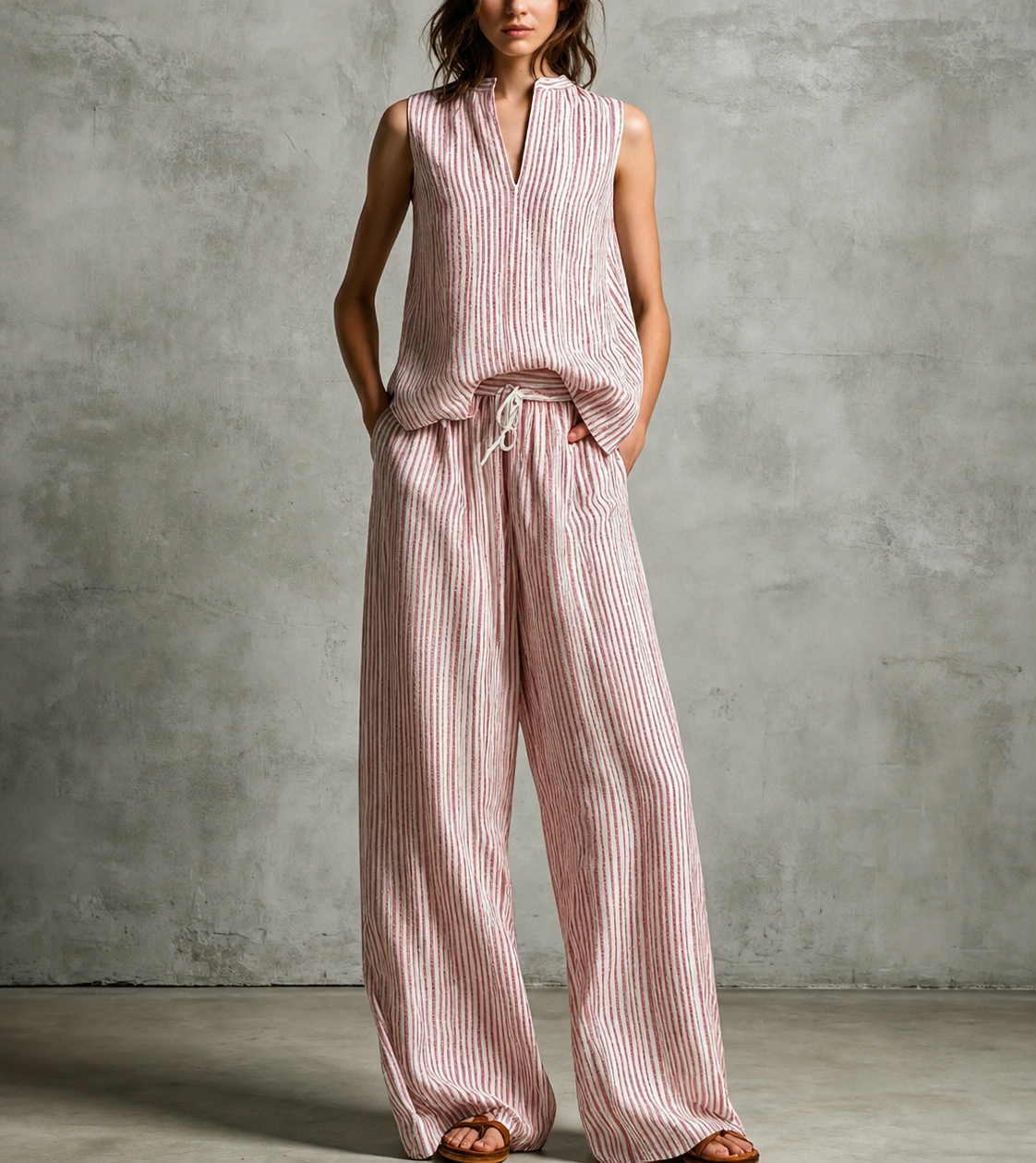 Chloe - Striped Sleeveless V-Neck Two-Piece Set