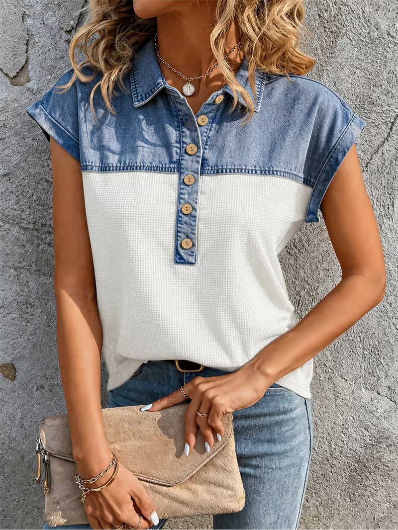 Audrey - Comfortable Denim Patchwork Collar Top