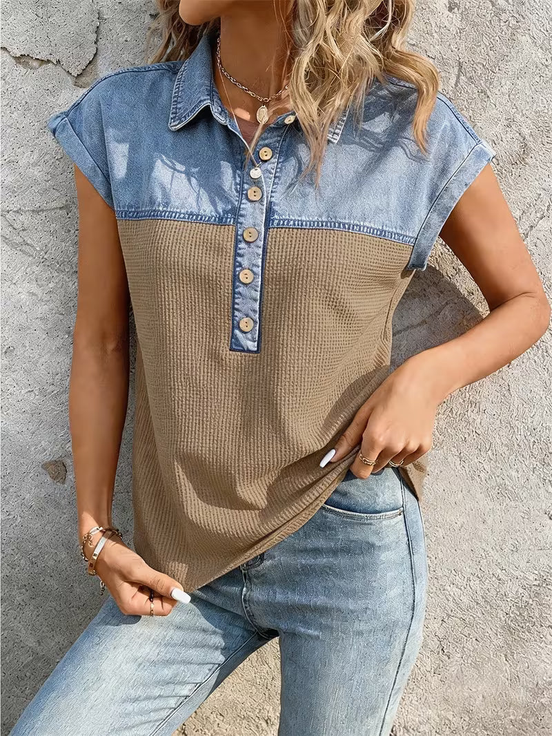 Audrey - Comfortable Denim Patchwork Collar Top