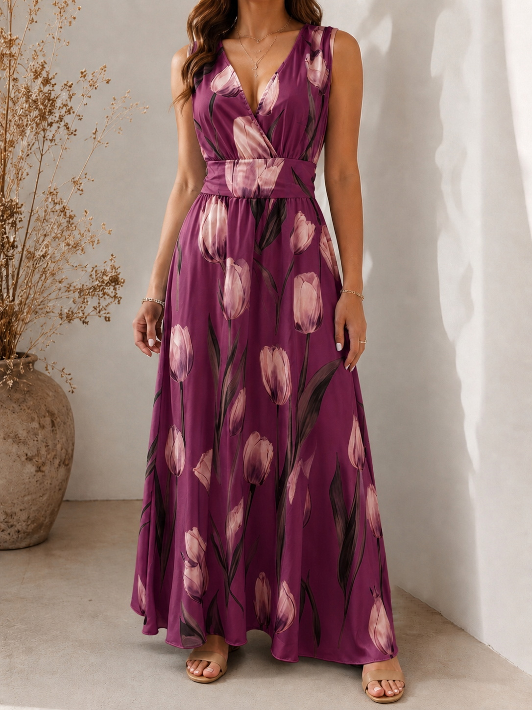 Agatha - Elegant V-Neck Sleeveless Floral A-Line Dress