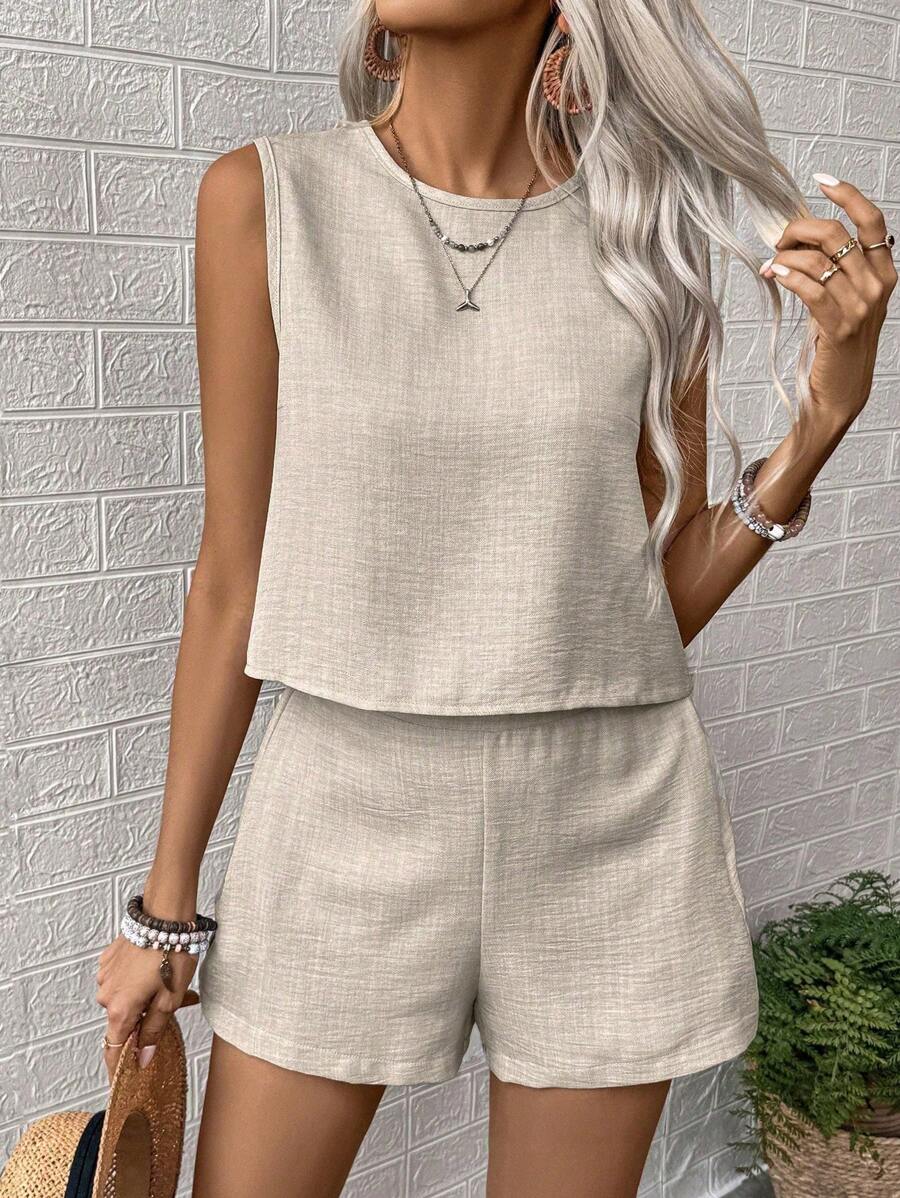 Noel - Relaxed Button Tank Top & Shorts Two-Piece Set