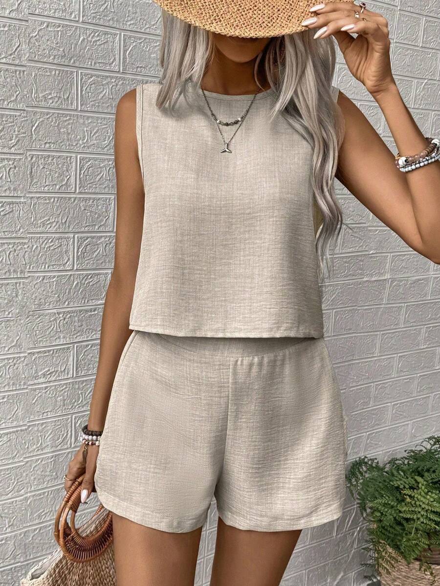 Noel - Relaxed Button Tank Top & Shorts Two-Piece Set