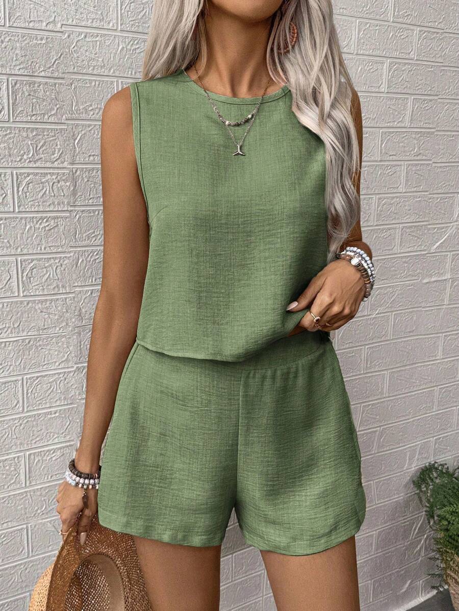Noel - Relaxed Button Tank Top & Shorts Two-Piece Set