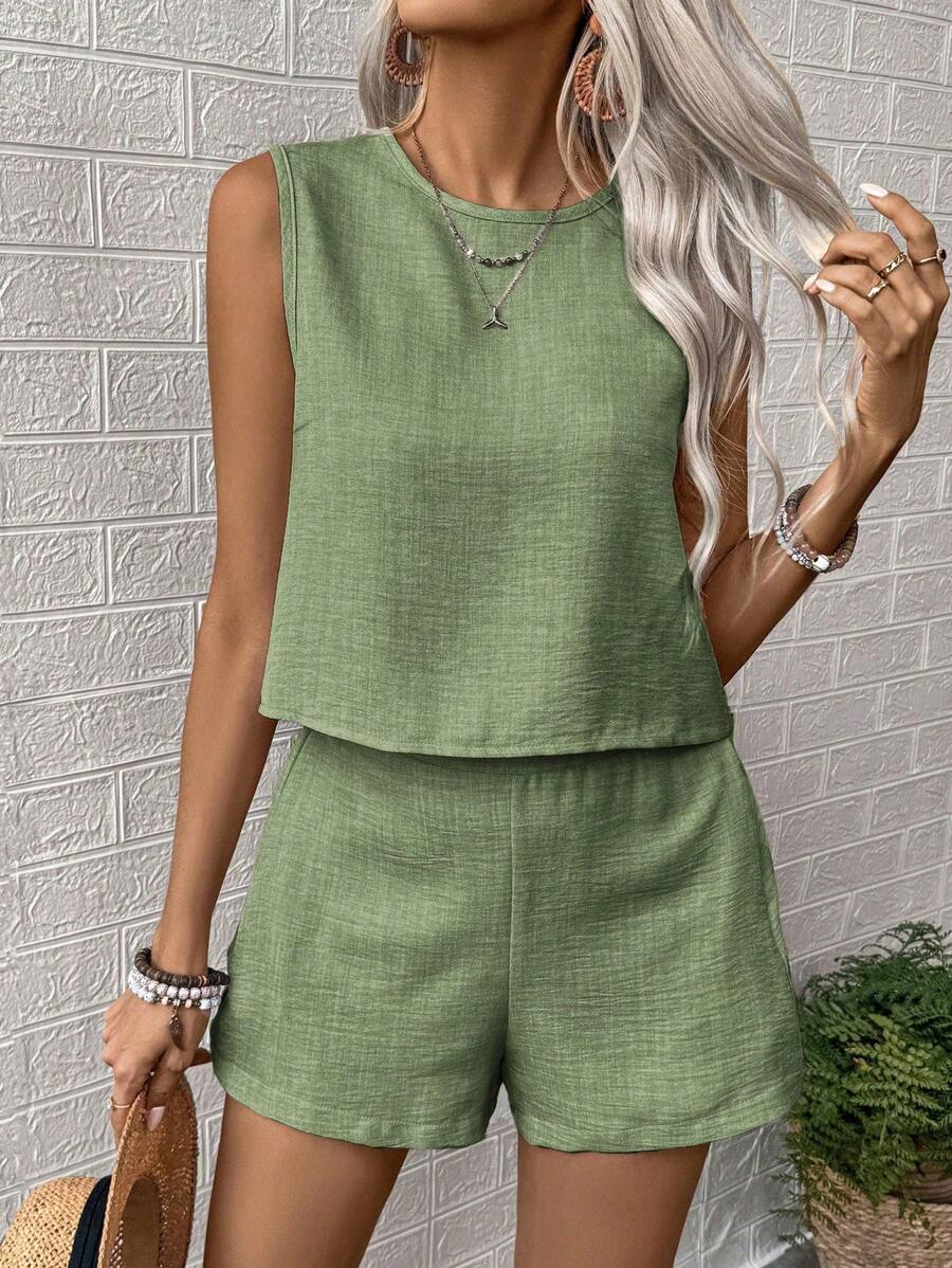 Noel - Relaxed Button Tank Top & Shorts Two-Piece Set