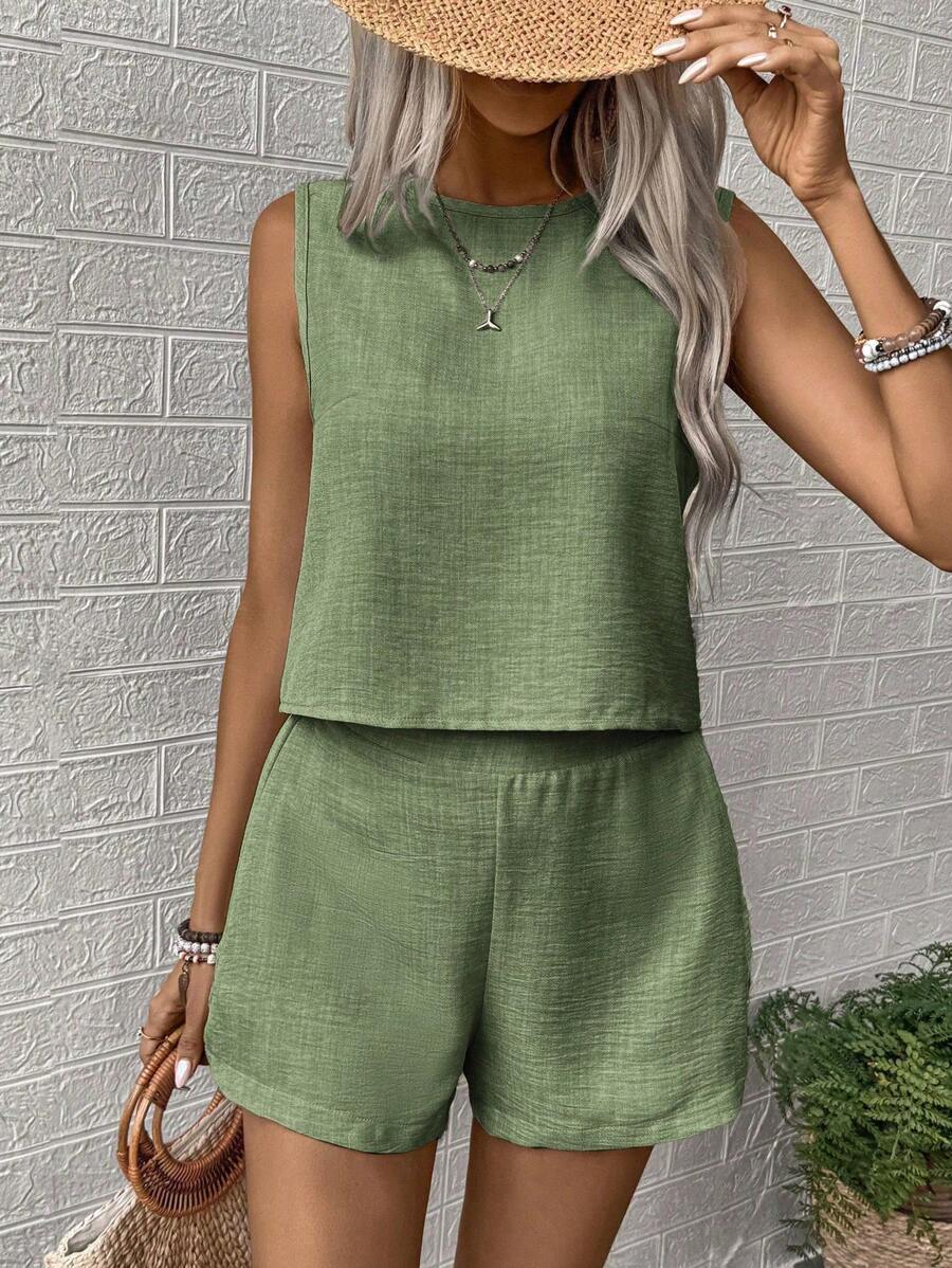 Noel - Relaxed Button Tank Top & Shorts Two-Piece Set