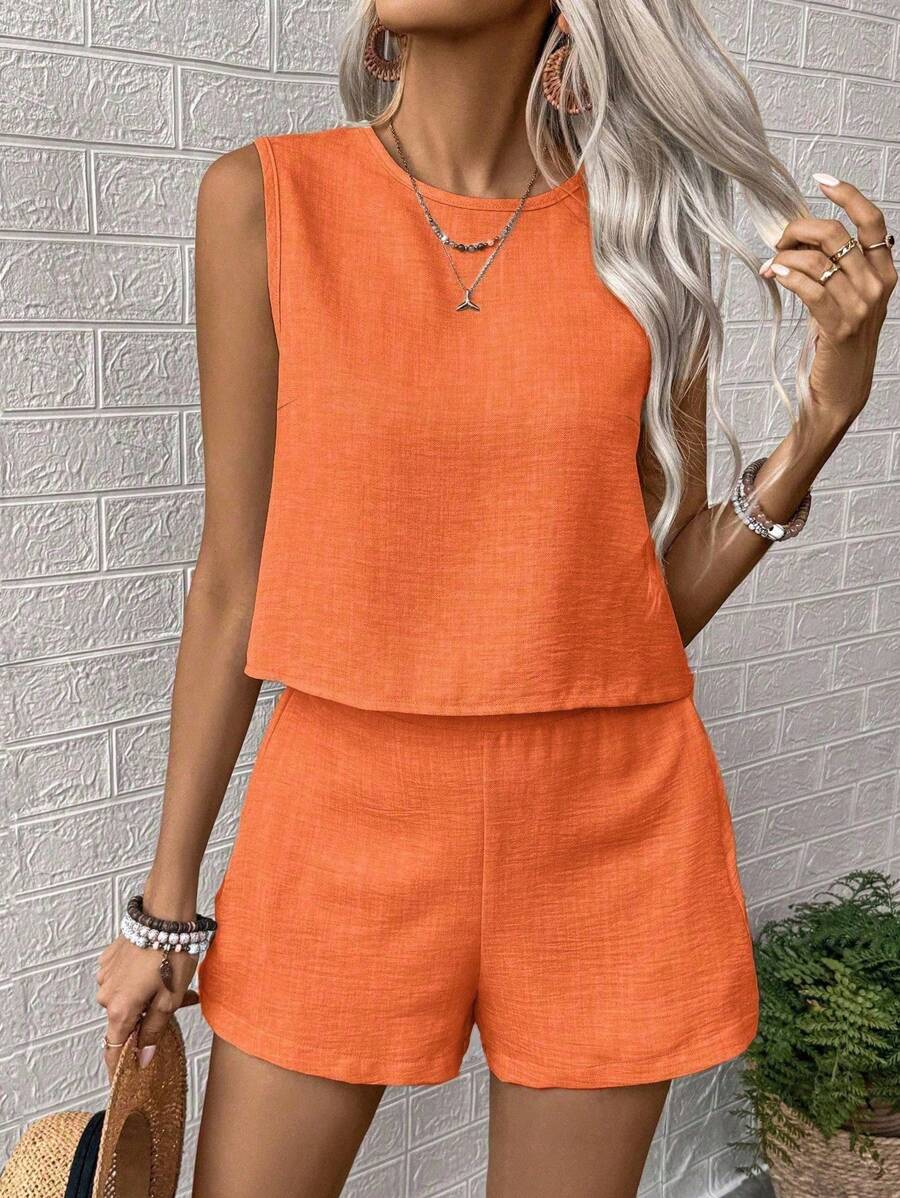 Noel - Relaxed Button Tank Top & Shorts Two-Piece Set