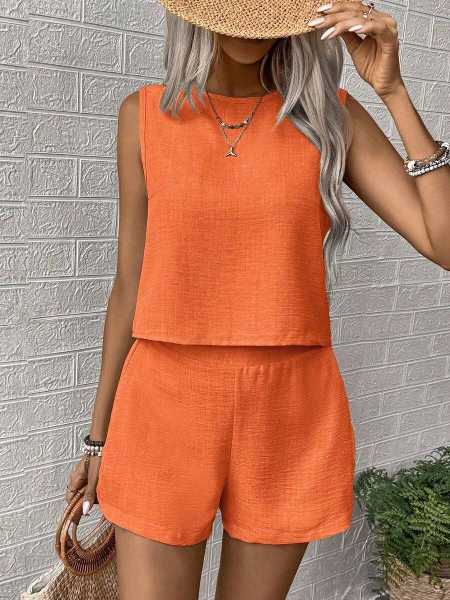 Noel - Relaxed Button Tank Top & Shorts Two-Piece Set
