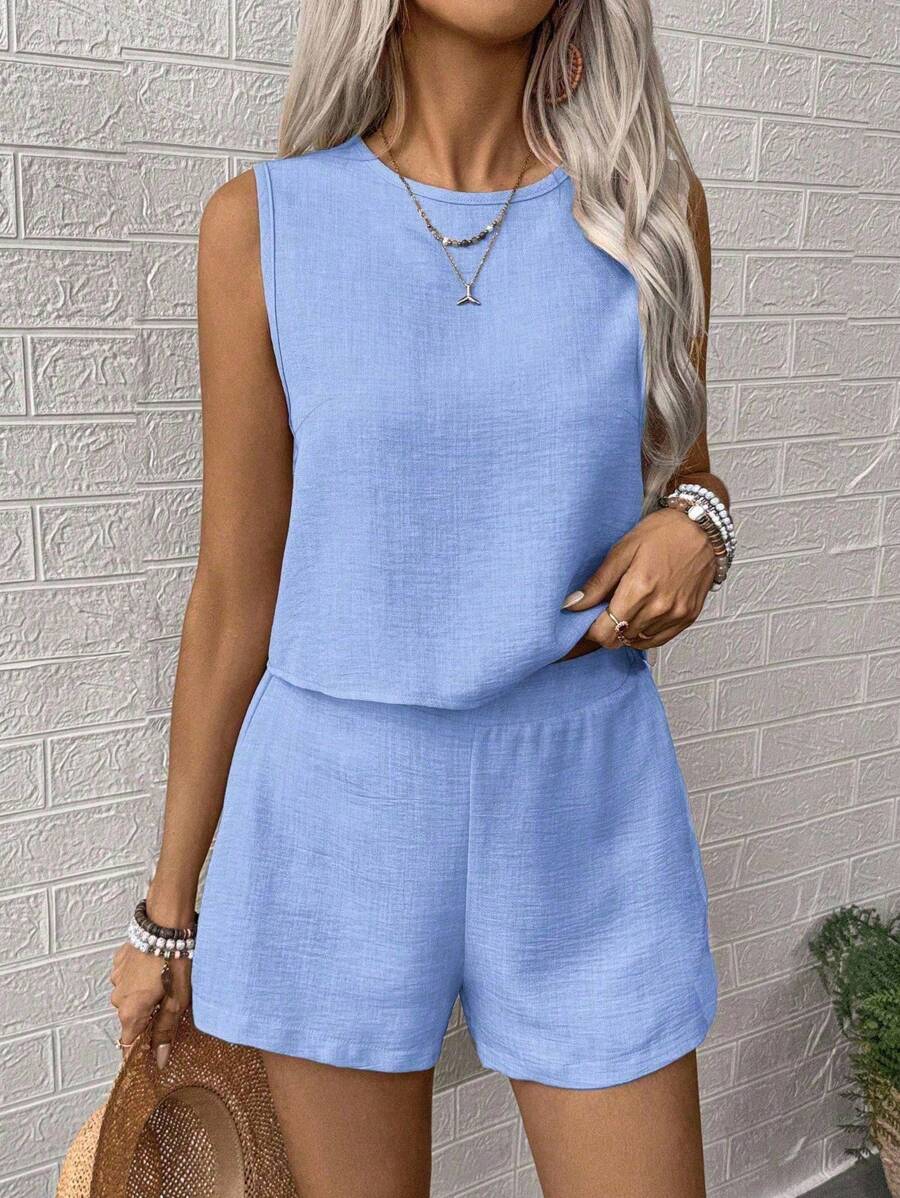 Noel - Relaxed Button Tank Top & Shorts Two-Piece Set