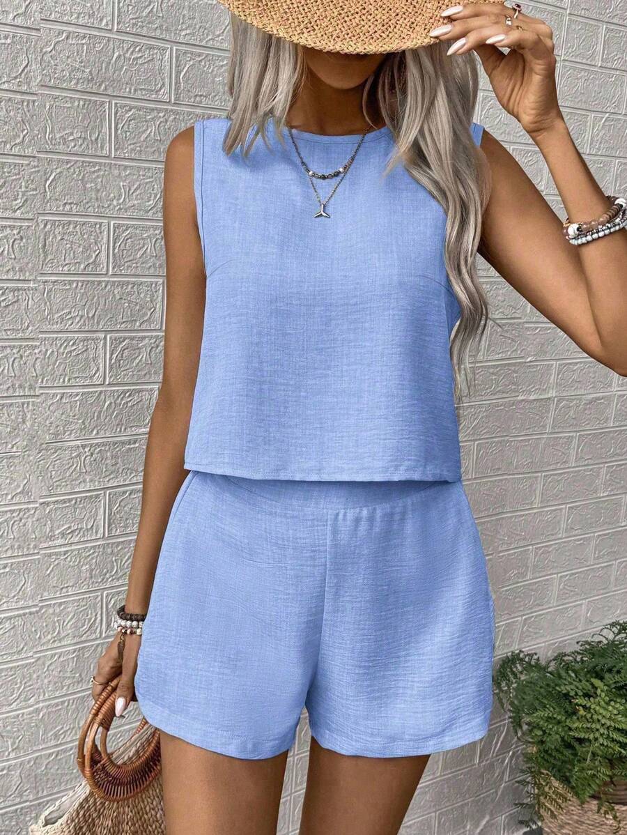 Noel - Relaxed Button Tank Top & Shorts Two-Piece Set