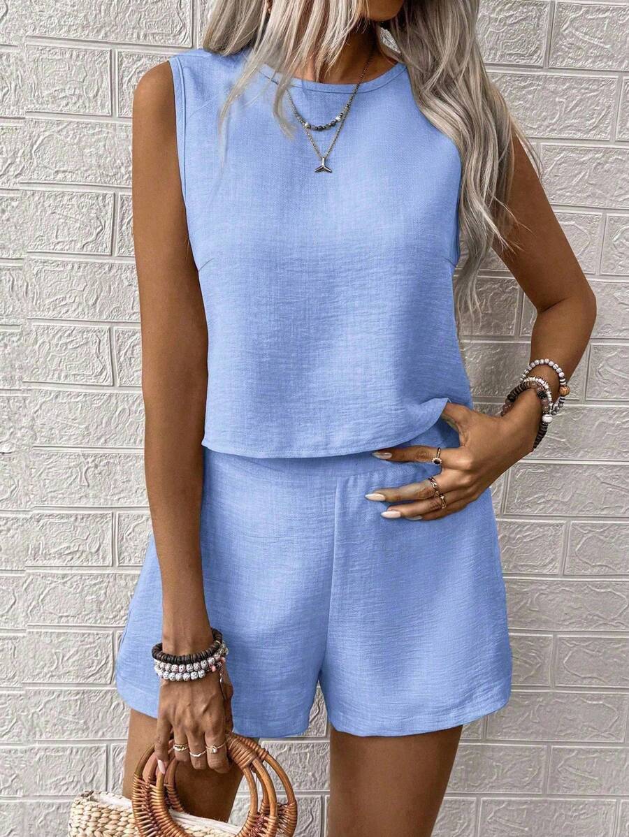 Noel - Relaxed Button Tank Top & Shorts Two-Piece Set