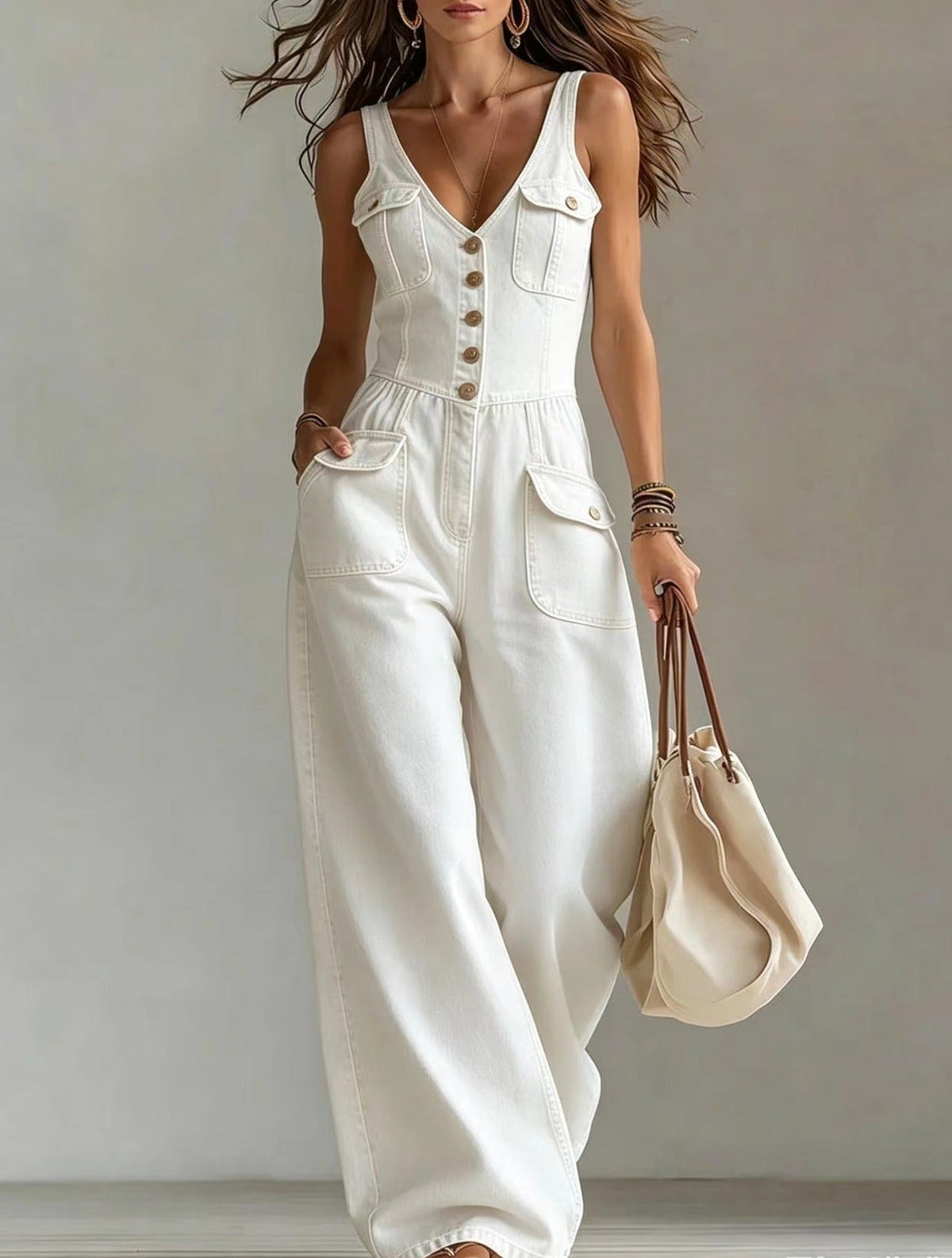 Abby - Loose-Fit Straight-Leg Denim Jumpsuit