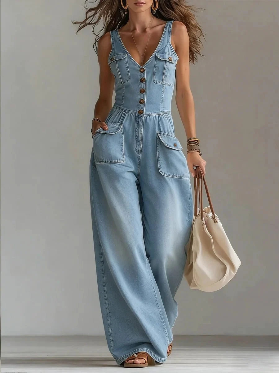 Abby - Loose-Fit Straight-Leg Denim Jumpsuit