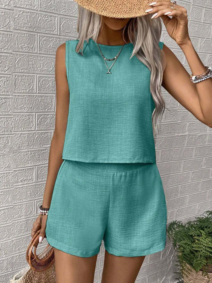 Noel - Relaxed Button Tank Top & Shorts Two-Piece Set
