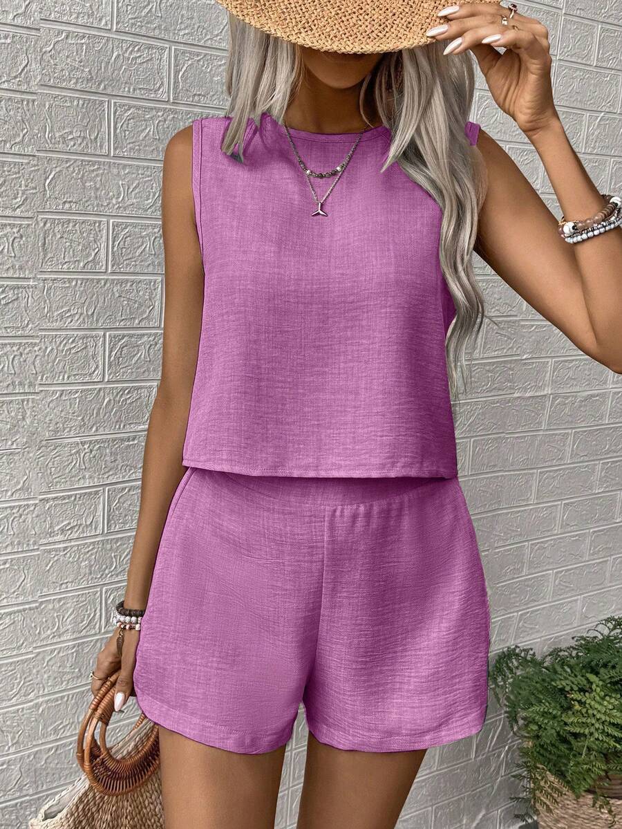 Noel - Relaxed Button Tank Top & Shorts Two-Piece Set