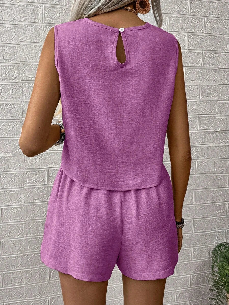 Noel - Relaxed Button Tank Top & Shorts Two-Piece Set