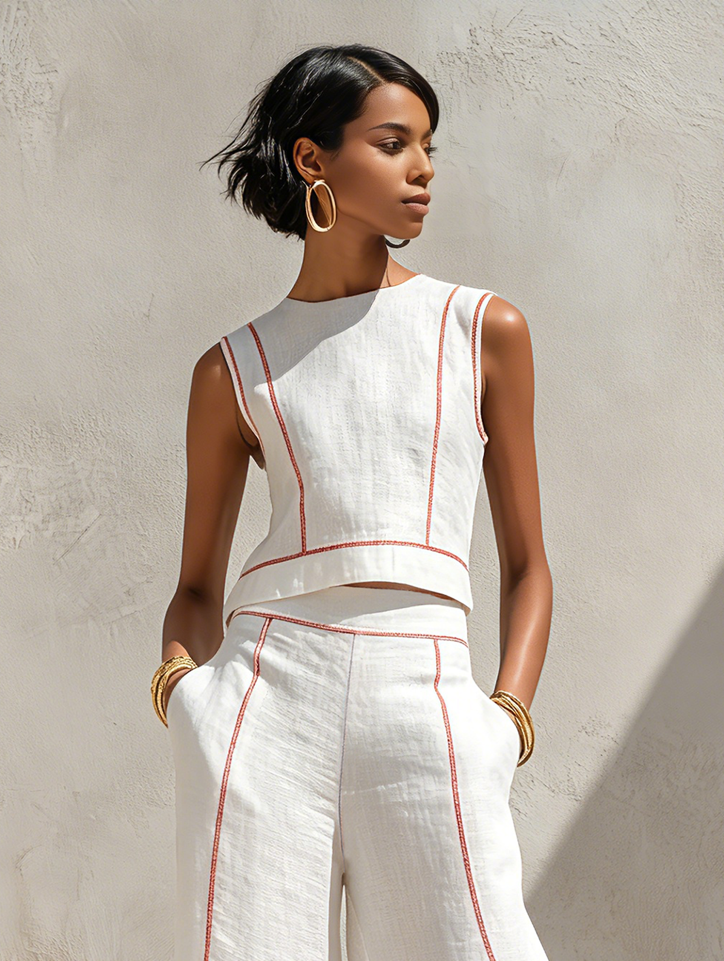 Calla - Contrast-Stitching Blouse & Wide Pants Set