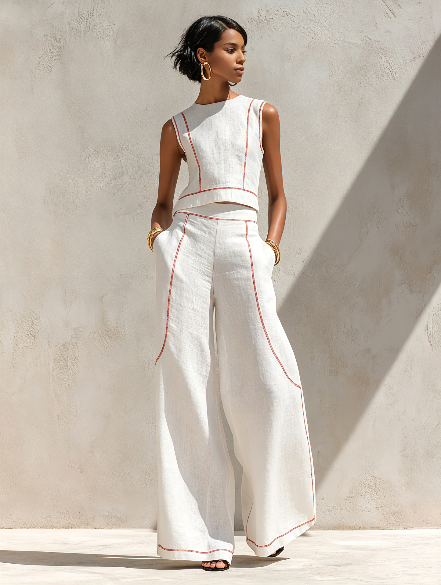 Calla - Contrast-Stitching Blouse & Wide Pants Set