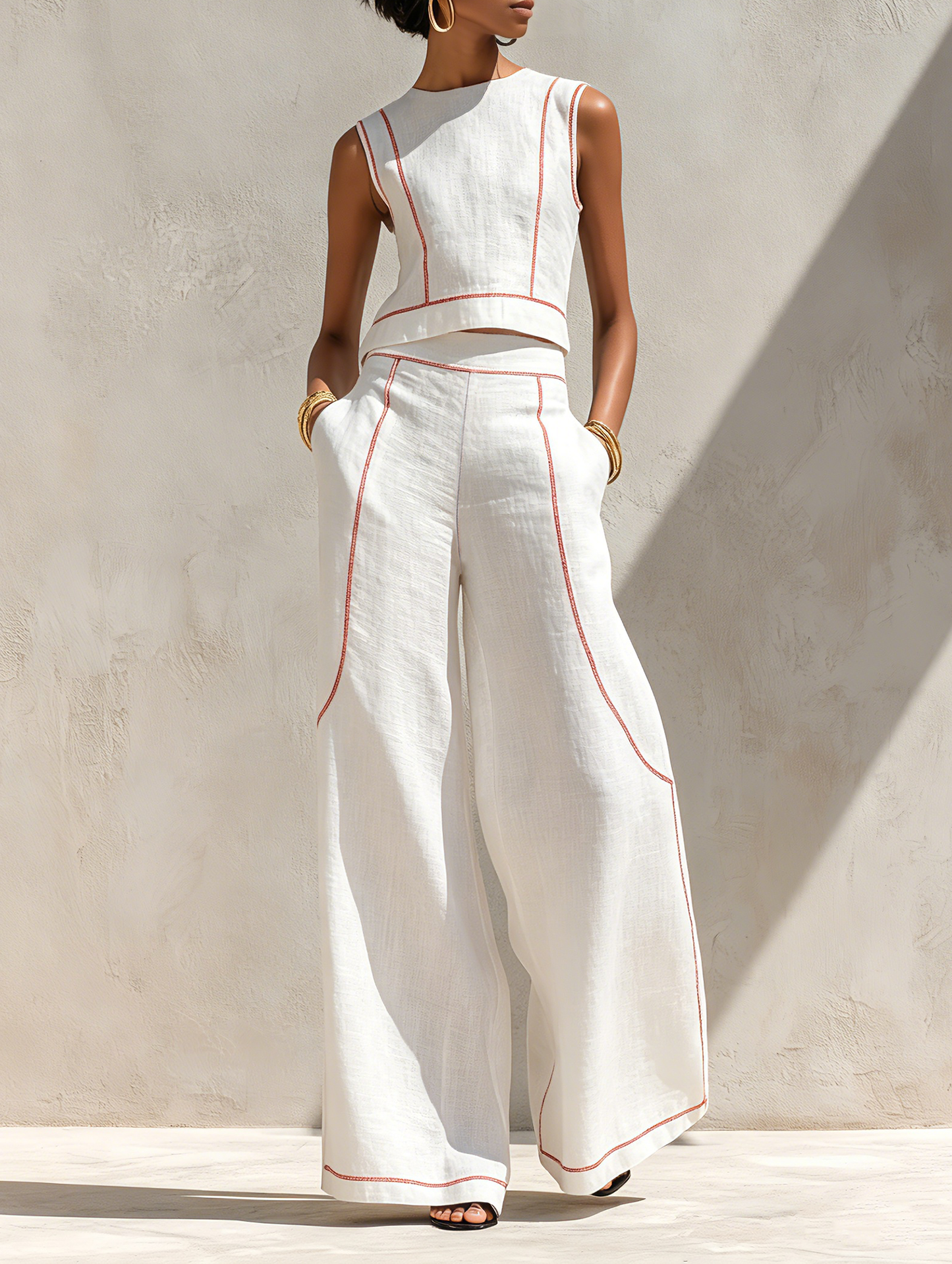Calla - Contrast-Stitching Blouse & Wide Pants Set