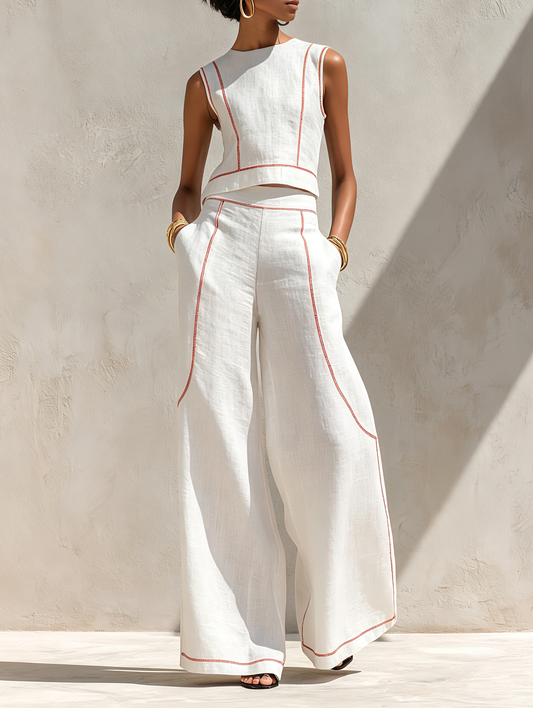 Calla - Contrast-Stitching Blouse & Wide Pants Set