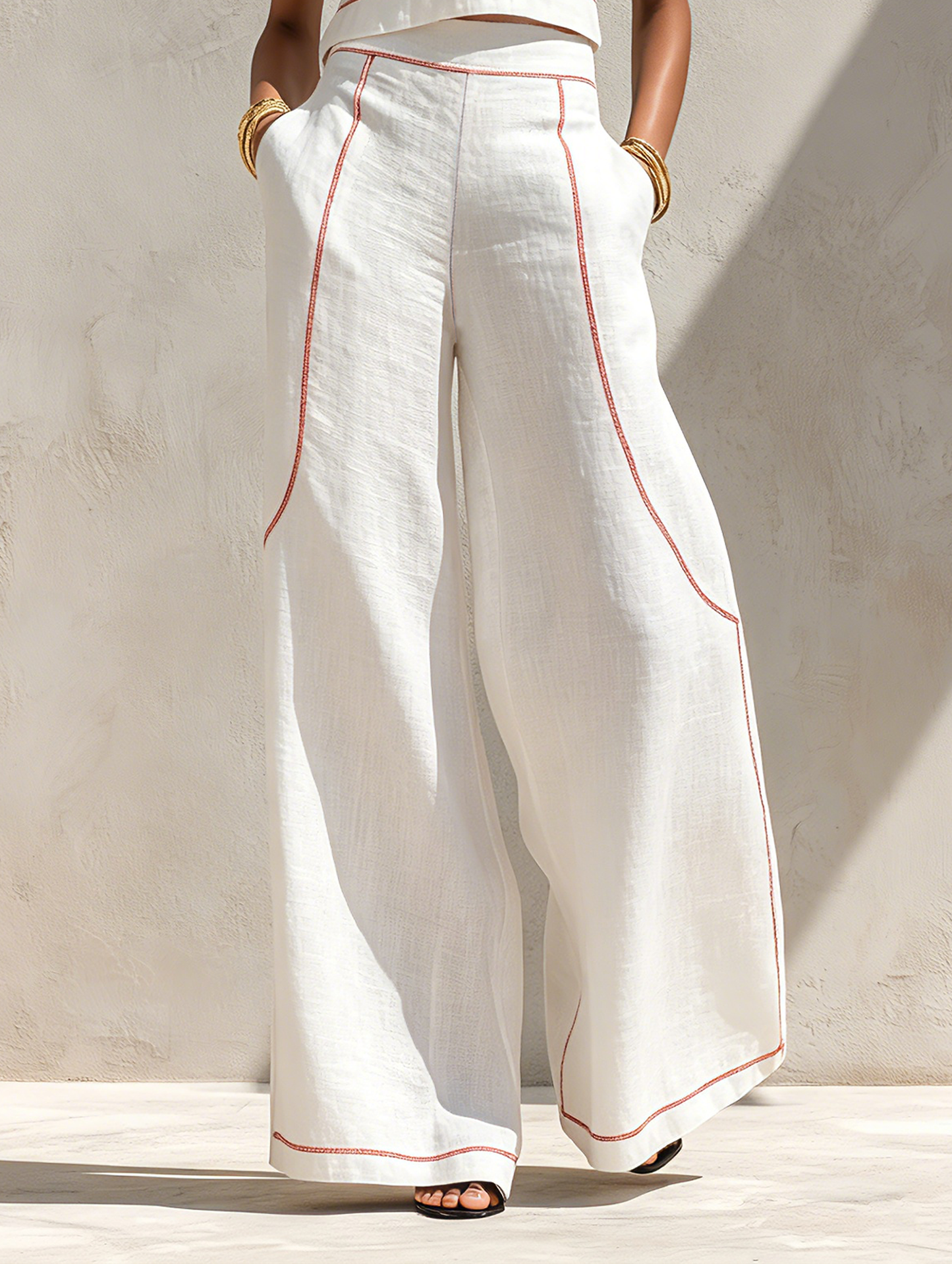 Calla - Contrast-Stitching Blouse & Wide Pants Set