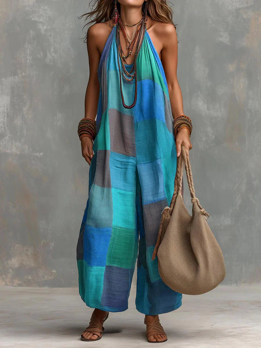 Hailey - Patchwork Halter Neck Jumpsuit With Wide Leg