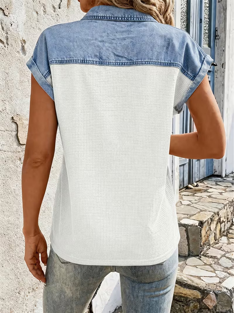 Audrey - Comfortable Denim Patchwork Collar Top