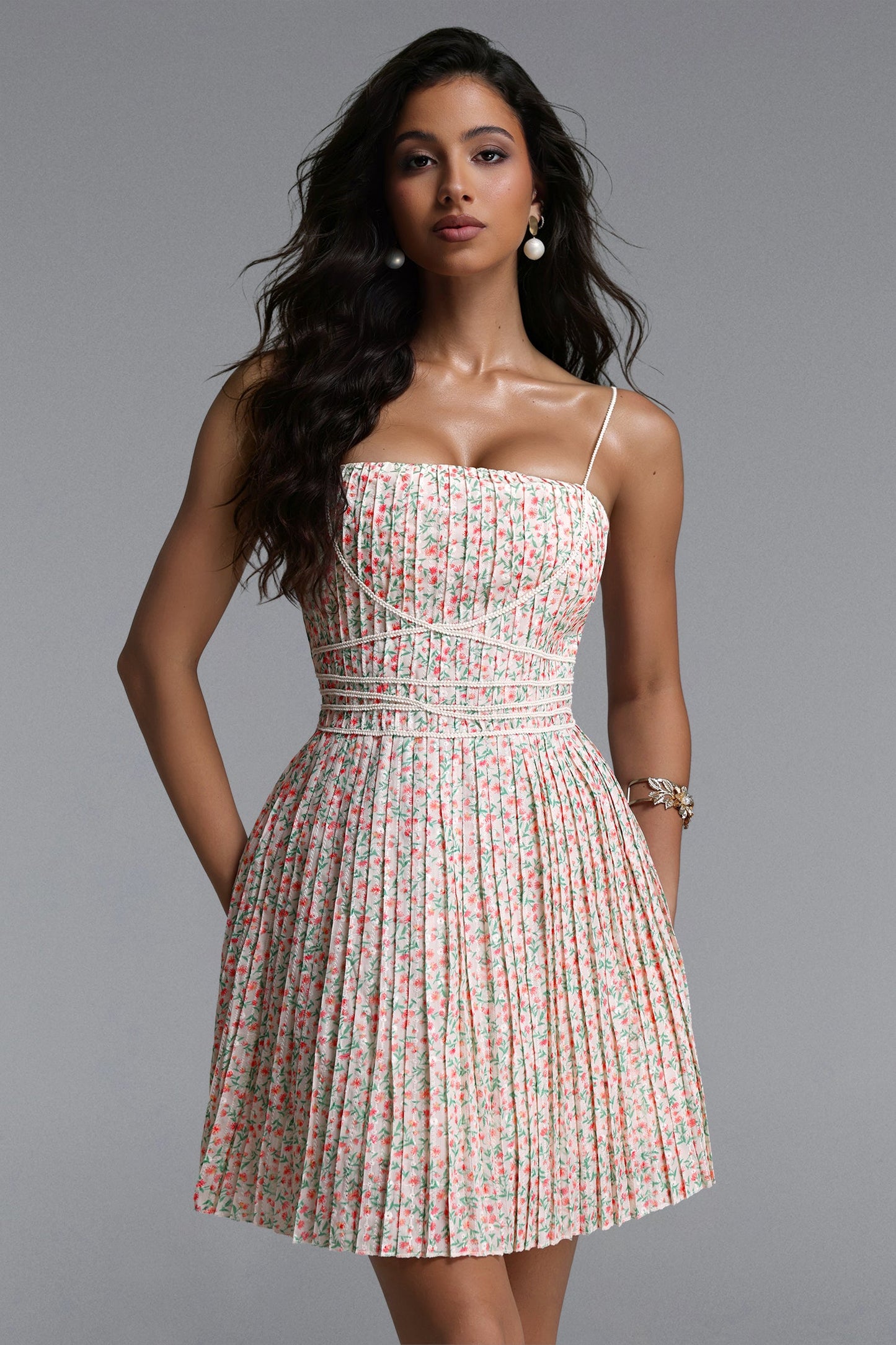 Polla - Sleeveless Floral Print Pleated Woven Mini Dress