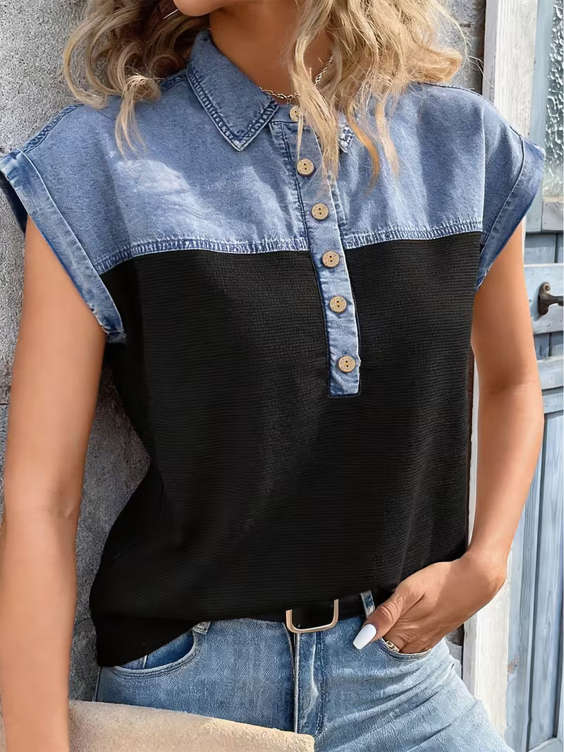 Audrey - Comfortable Denim Patchwork Collar Top