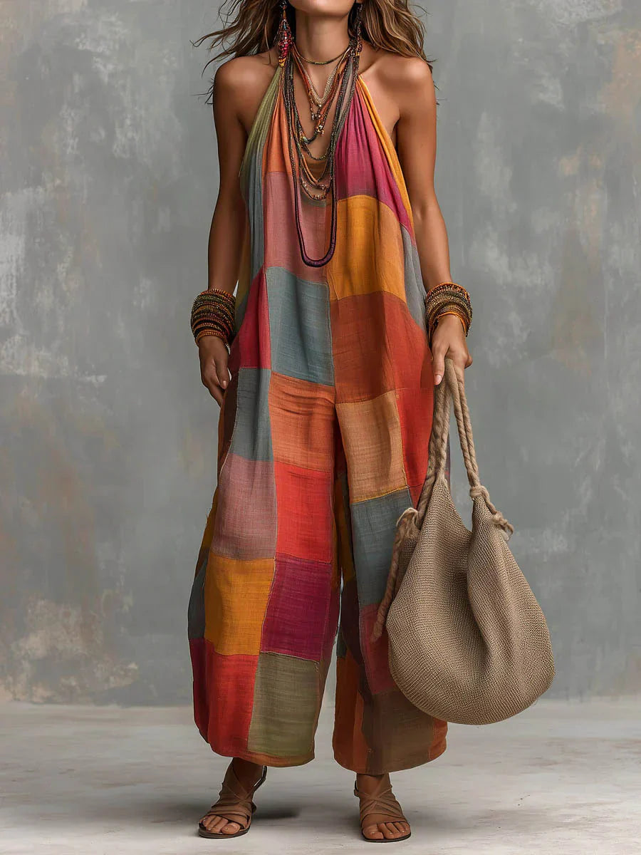 Hailey - Patchwork Halter Neck Jumpsuit With Wide Leg