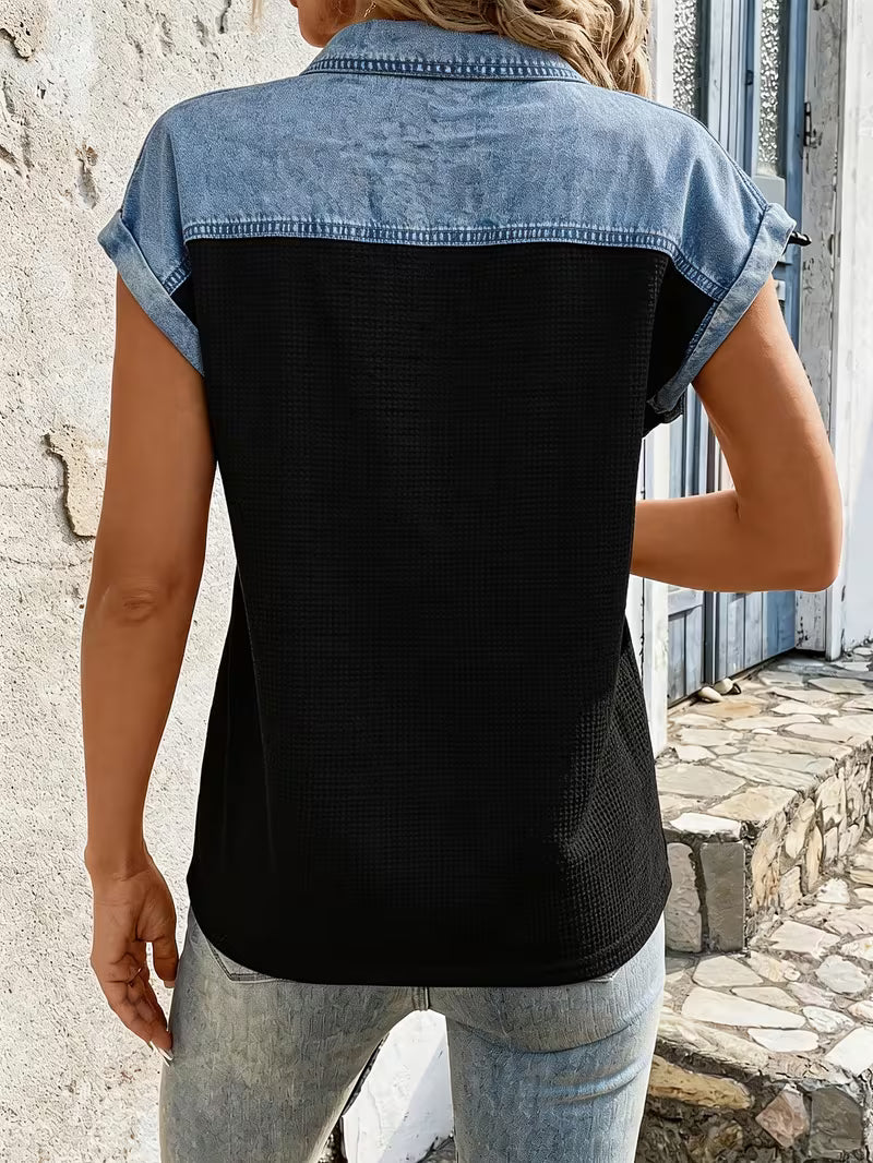 Audrey - Comfortable Denim Patchwork Collar Top