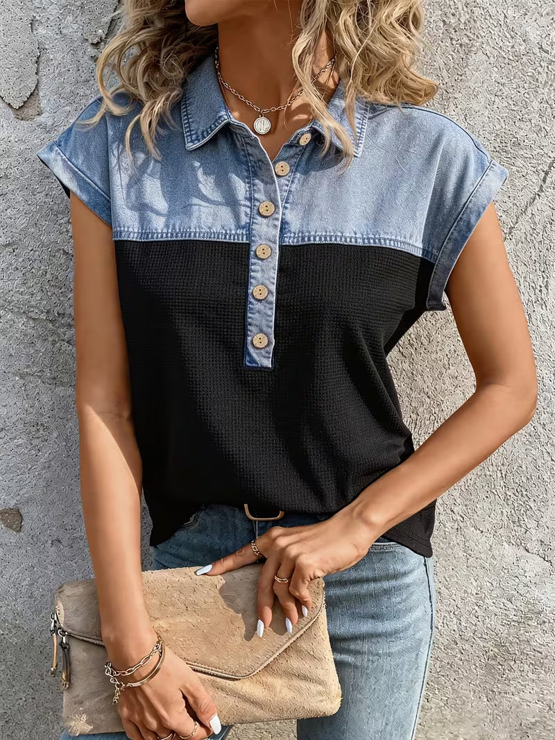 Audrey - Comfortable Denim Patchwork Collar Top