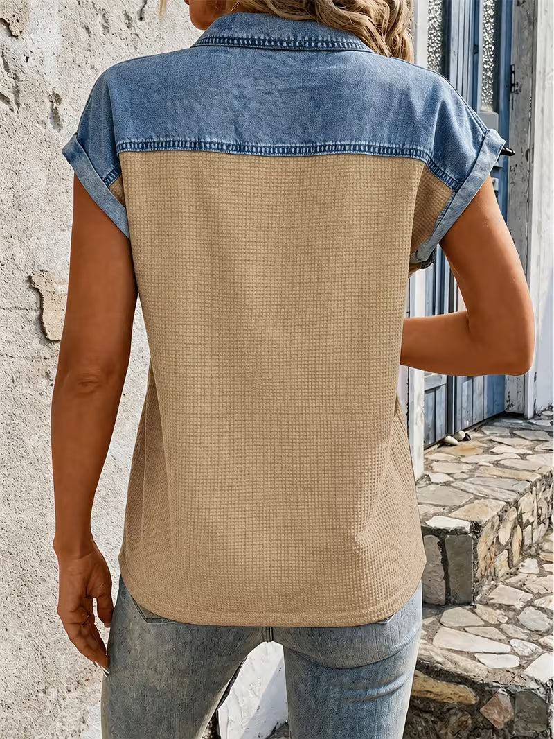 Audrey - Comfortable Denim Patchwork Collar Top