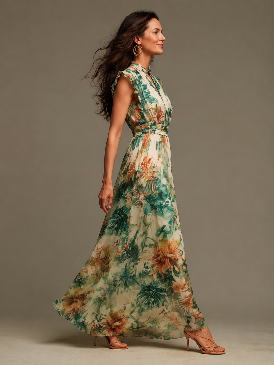 Martha - Tropical Print Cinched Waist Maxi Dress