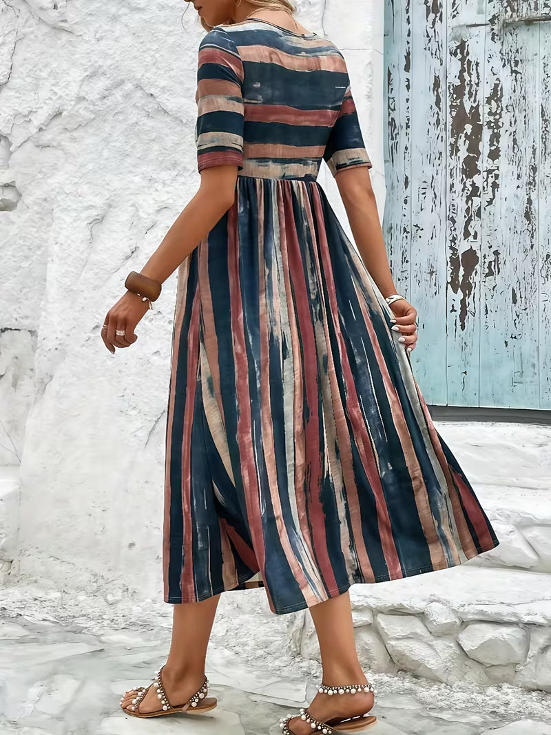 Serena - Comfortable Striped Short Sleeve Midi Dress