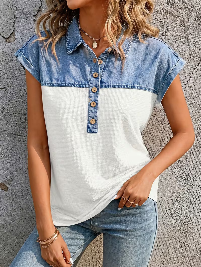 Audrey - Comfortable Denim Patchwork Collar Top