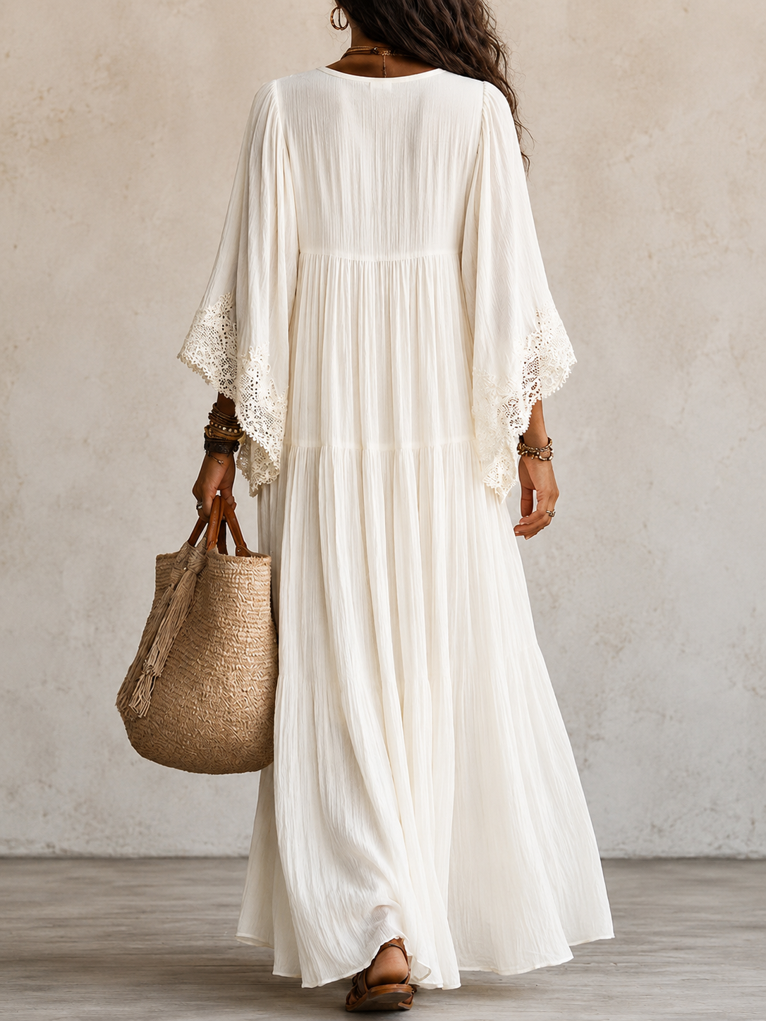 Shelia - Flowing Chiffon Lace Batwing Maxi Dress