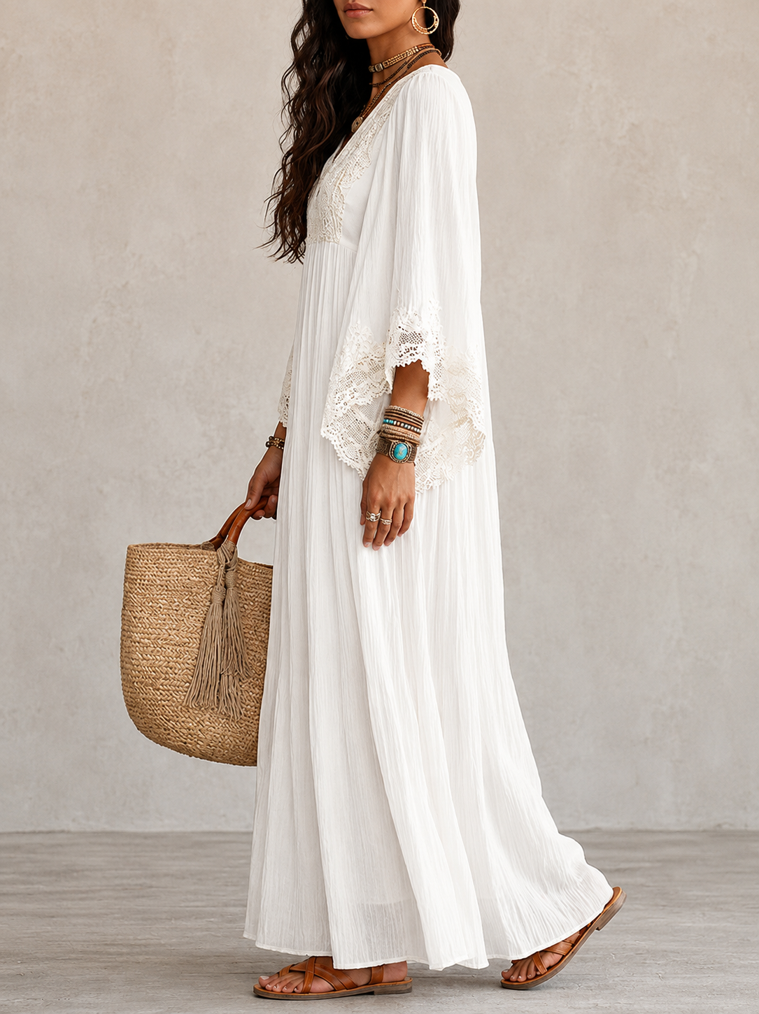 Shelia - Flowing Chiffon Lace Batwing Maxi Dress