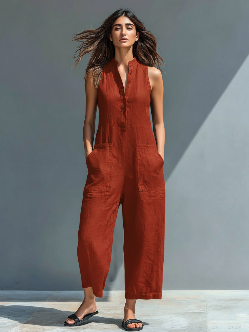 Barbara - Minimalistic Stand-collar Sleeveless Jumpsuit
