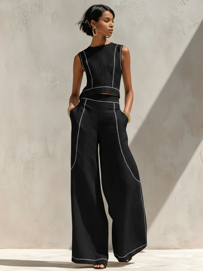 Calla - Contrast-Stitching Blouse & Wide Pants Set