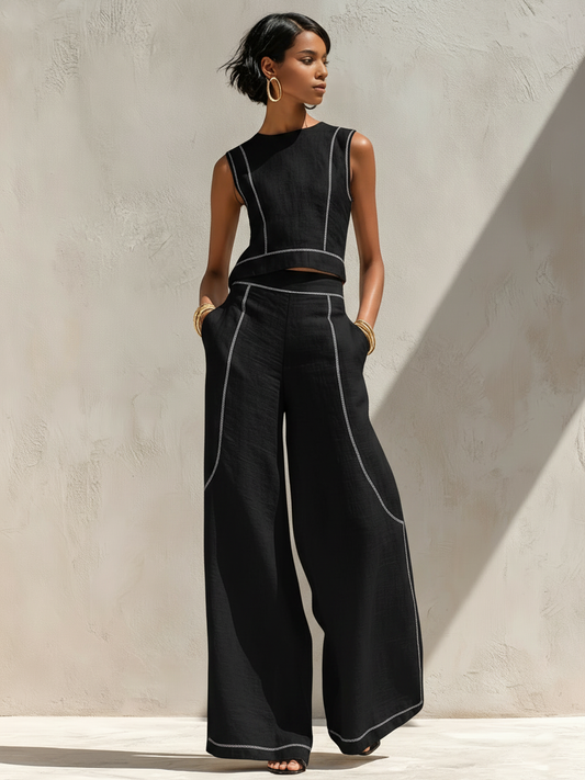 Calla - Contrast-Stitching Blouse & Wide Pants Set
