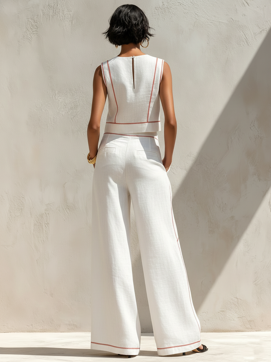 Calla - Contrast-Stitching Blouse & Wide Pants Set