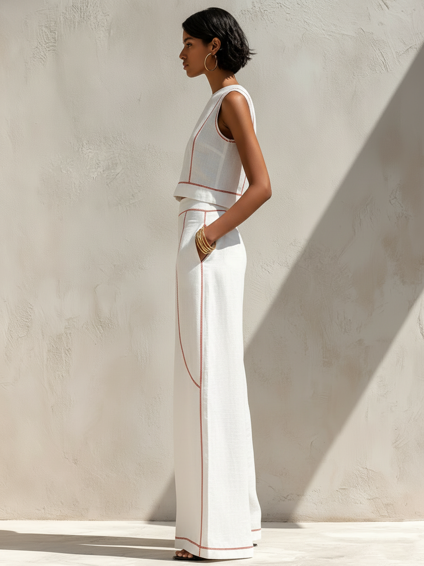 Calla - Contrast-Stitching Blouse & Wide Pants Set