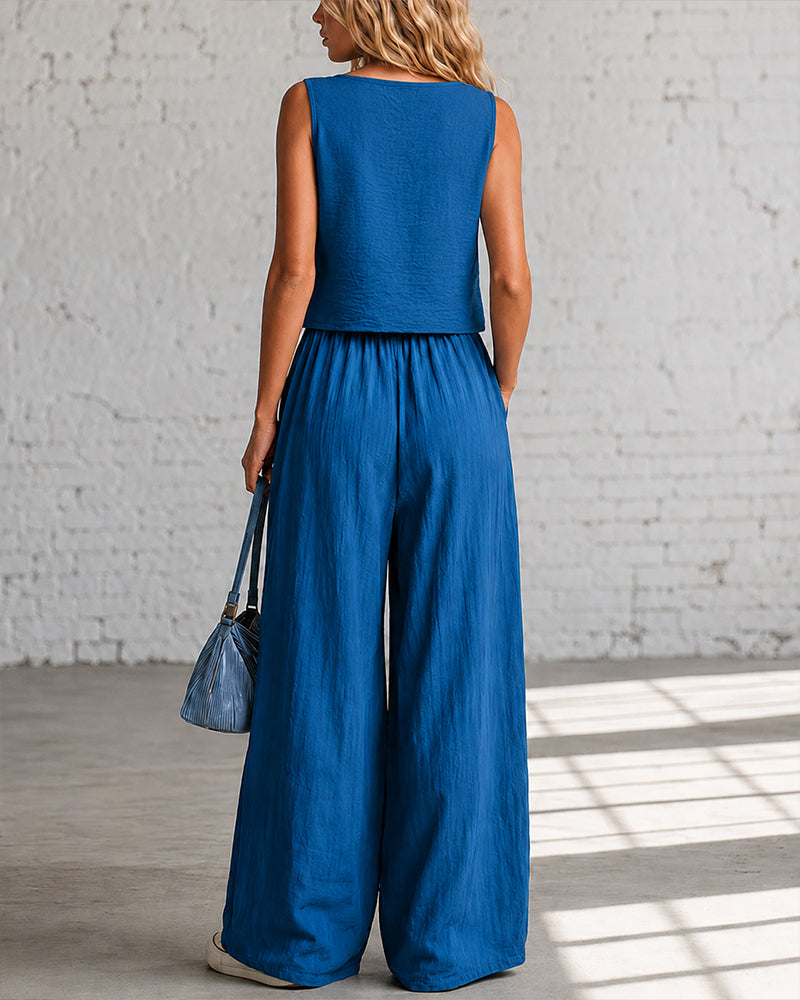 Helena - Crop Cami Top High Waist Wide Leg Pants Set