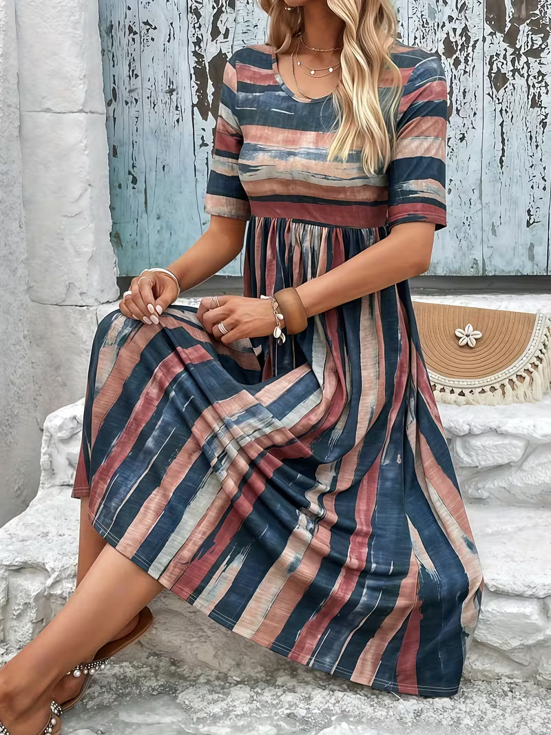 Serena - Comfortable Striped Short Sleeve Midi Dress